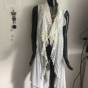 Johnny Was White Crochet Trim Sleeveless Duster Vest